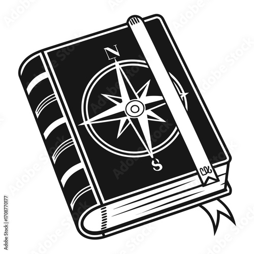 A stylized black and white illustration of an open book with a compass rose design on its cover and a ribbon bookmark symbolizing knowledge and exploration