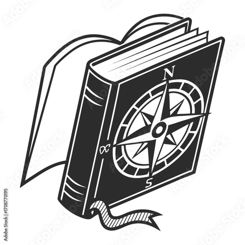 An open book with a compass rose design on its cover and a ribbon at the bottom symbolizing knowledge and exploration