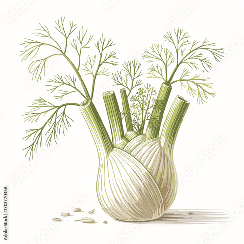 Fresh Fennel Bulb with Stalks and Flowers Vector Illustration