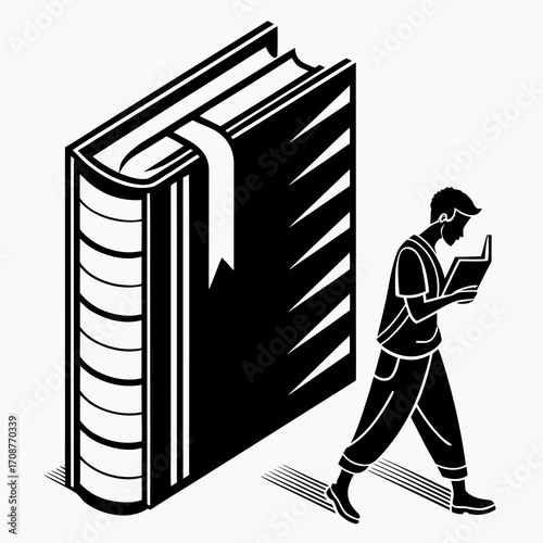A stylized black and white illustration of a young person walking and reading a book next to a very large imposing book with a bookmark