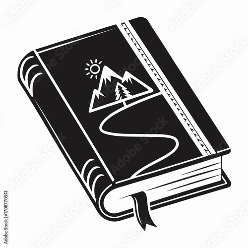A black and white illustration of an open book with a scenic mountain landscape and winding path depicted on its cover symbolizing adventure and exploration
