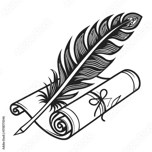 A detailed black and white illustration of a quill pen resting on a rolled up scroll tied with a ribbon symbolizing writing and history