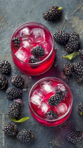 Refreshing Berry Drinks With Ice and Ripe Blackberries on Dark Background