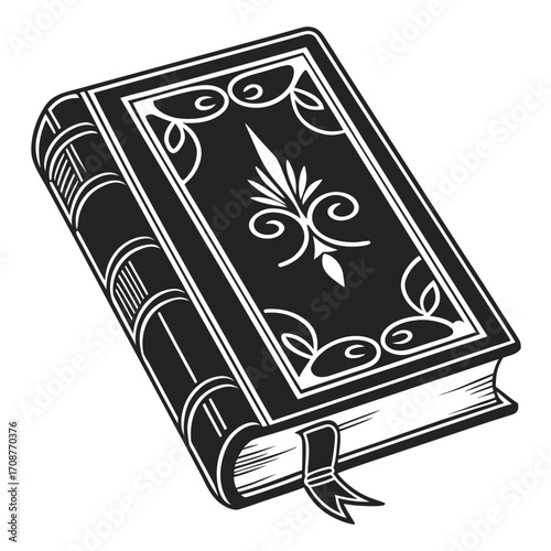 An antique black book with ornate white decorative elements on its cover and a ribbon bookmark presented in a stylized illustration on a white background