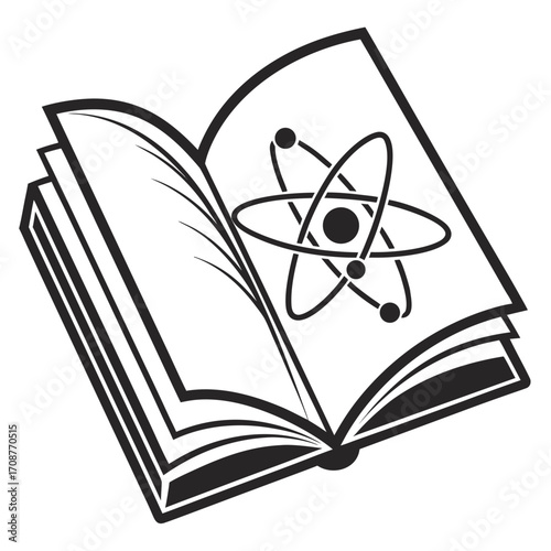 An open book with a stylized atom symbol on its pages representing science education and knowledge in physics and chemistry