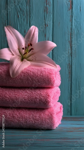 Soft Pink Towels Stacked With a Blooming Lily on a Wooden Surface in a Serene...