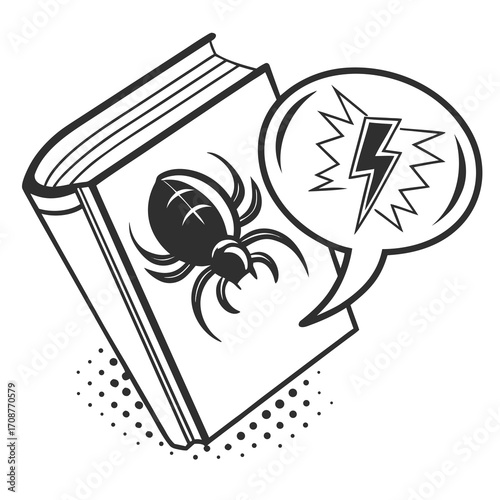 A stylized illustration of an open book with a spider on its cover and a speech bubble containing a lightning bolt and jagged lines suggesting a sudden idea or shock