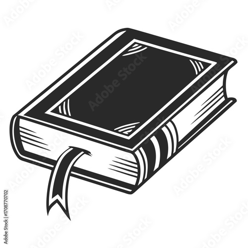 A black and white illustration of a closed book with a bookmark peeking out from the pages symbolizing knowledge and reading