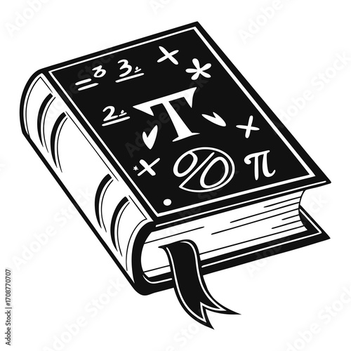 A stylized black and white illustration of an open book with mathematical symbols and the letter t on its cover featuring a bookmark