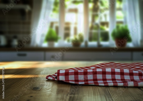 Red and White Checkered Cloth on Wooden Table With Sunny Kitchen in Background.
