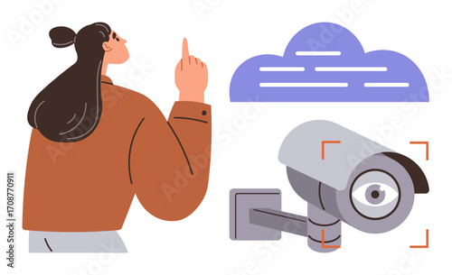 Woman points upward, cloud and surveillance camera emphasize security, privacy, data storage. Ideal for technology, surveillance, privacy, cloud storage, data security digital awareness modern