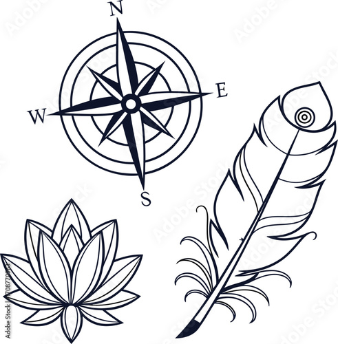 A vintage black and white vector illustration of a compass rose icon, perfect for navigation and adventure