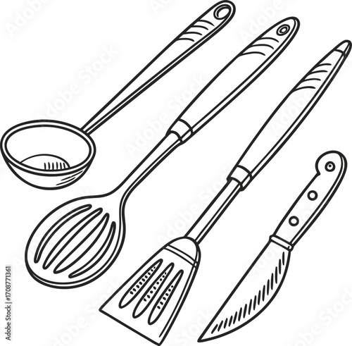 An isolated vector illustration of a set of black plastic and stainless steel kitchen utensils with a spoon, spatula, and ladle