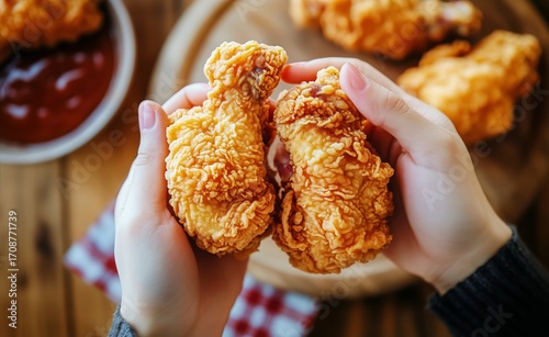 Crispy Fried Chicken Being Held With Two Hands in a Cozy Setting