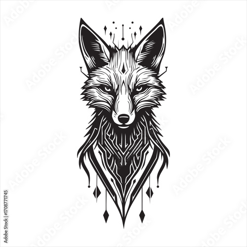 A detailed black and white illustration of a fox's head with ornate, tribal-inspired patterns and dangling decorative elements
