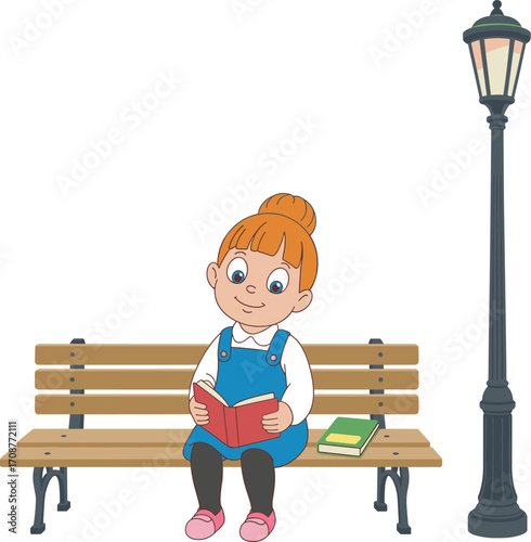 Cartoon girl reading book on park bench, street lamp illustration, outdoor learning, cute character, educational children vector, student activity concept