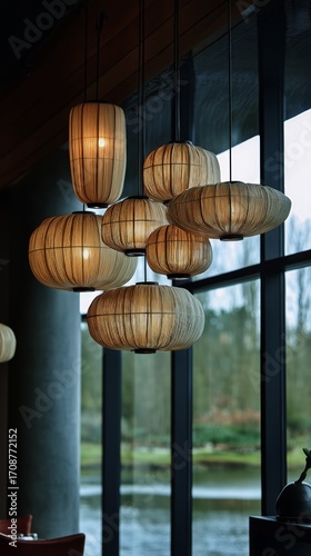 Softly Glowing Lanterns Hanging Against a Serene Outdoor View Near Large Glas...