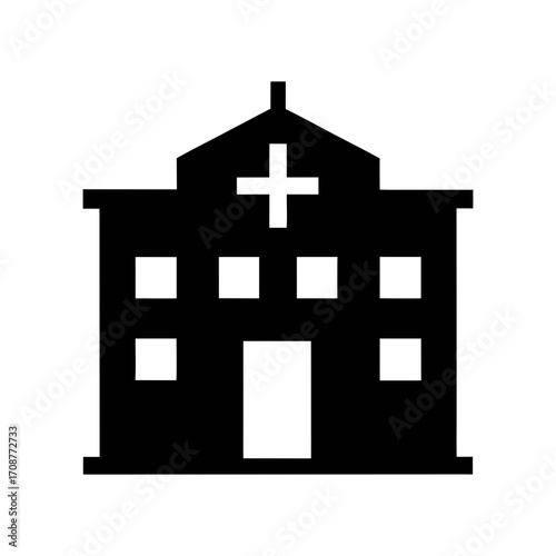 Find emergency medical care hospital building icon for healthcare and medical services center design