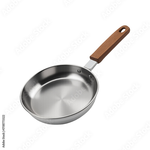 Modern stainless steel frying pan with wooden handle isolated on transparent background