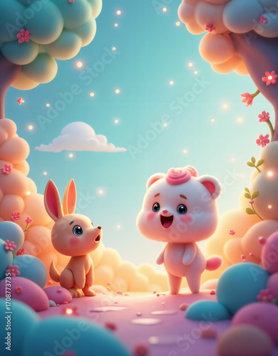 Adorable 3D Rendered Kangaroo and Bear Friends in a Magical Pastel Dreamland