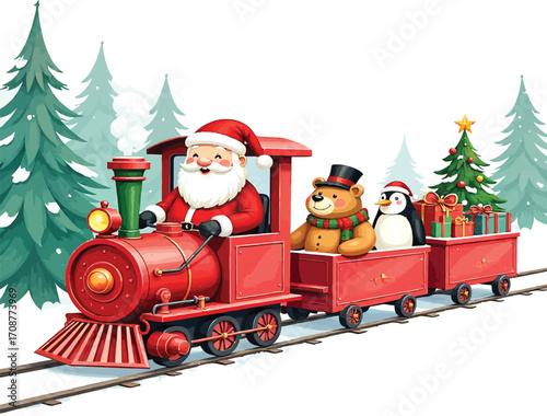 Santa claus driving a festive red christmas train carrying toys and a decorated tree through snowy woods