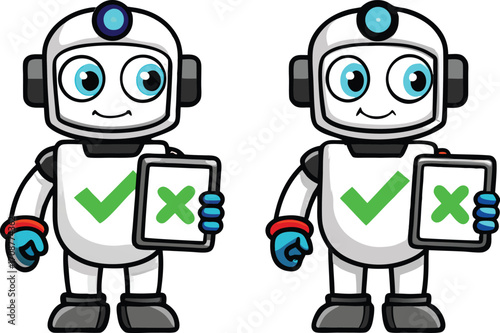 Cartoon robots holding tablets with checkmarks and crosses