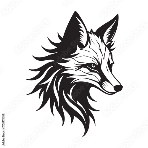A striking black and white illustration of a fox's head with sharp lines and a wild, untamed mane