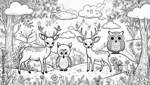 Woodland creatures gather in a tranquil landscape under a cloudy sky