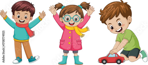 Happy cartoon children playing with toy car, joyful kids having fun, smiling girl and boys in colorful clothes, kids enjoying playtime