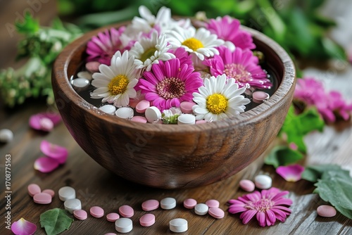 Colorful Flower Bowl With Daisies and Petals on Wooden Table Surrounded by Gr...