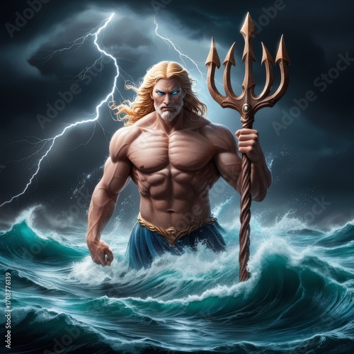 Mighty sea god standing tall in stormy waves, holding trident against thunderstorm backdrop