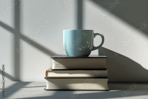 Warm Cup Resting on Stack of Books With Shadows Cast by Morning Light.
