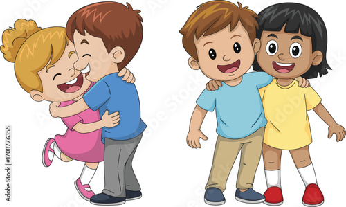 Cute cartoon children hugging and smiling, happy kids showing friendship and affection, diverse group of boys and girls in colorful outfits
