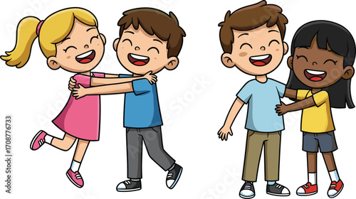 Happy diverse children smiling and hugging each other, boys and girls playing together, joyful kids friendship, fun and laughter, cartoon kids illustration