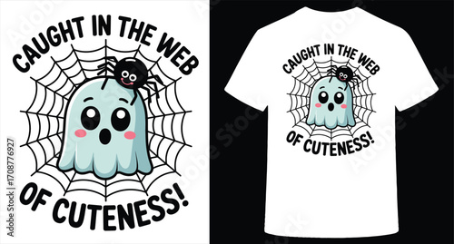 Cute cartoon ghost caught in a spider web with the text caught in the web of cuteness isolated on transparent background
