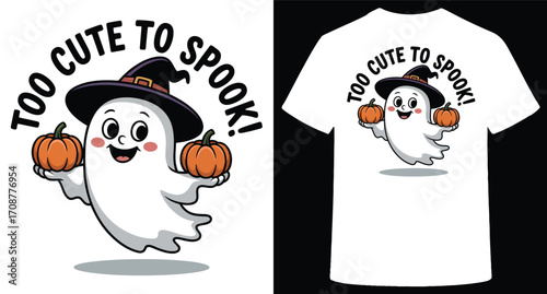 Adorable cartoon ghost wearing a witch hat holding pumpkins with text too cute to spook isolated on transparent background
