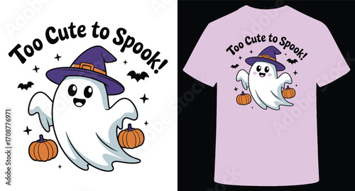 Adorable cartoon ghost wearing a witch hat holding pumpkins saying too cute to spook isolated on transparent background