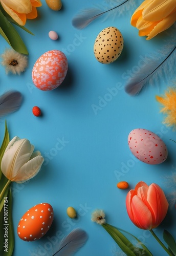 Colorful Easter Eggs and Flowers Arranged on a Bright Blue Background in a Sp...