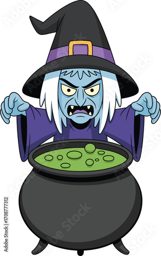 Angry cartoon witch with magic cauldron, Halloween character illustration, spooky sorceress casting spell, bubbling potion brew, fantasy evil witch concept art
