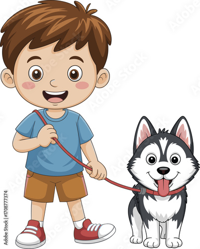Happy boy walking his husky dog on leash, cartoon illustration for kids, outdoor pet activity, child with puppy, smiling and playful scene
