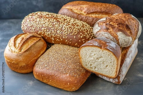 Freshly Baked Artisan Bread Assortment on a Dark Background.