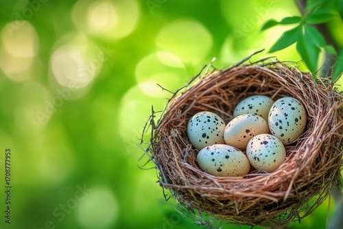 Nest With Speckled Eggs in a Vibrant Green Background During Springtime