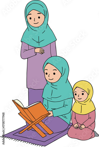 Muslim woman with daughters reading Quran, Islamic family teaching, mother educating kids, Quran learning illustration, Muslim family worship, religious education concept