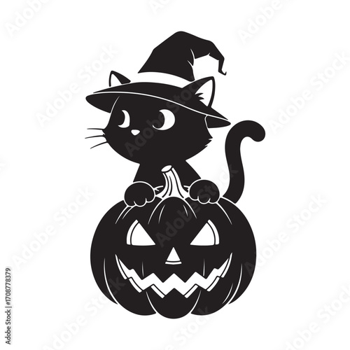 Whimsical black cat wearing a witch hat sits atop a carved jack o lantern for halloween