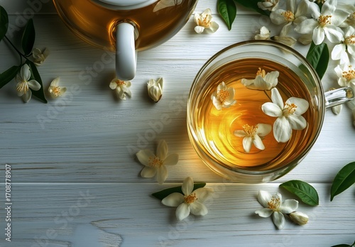 Tea With Jasmine Flowers on Wooden Surface in a Calm Setting