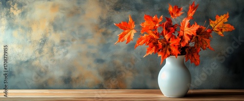 Colorful Autumn Leaves in a White Vase Against a Textured Background