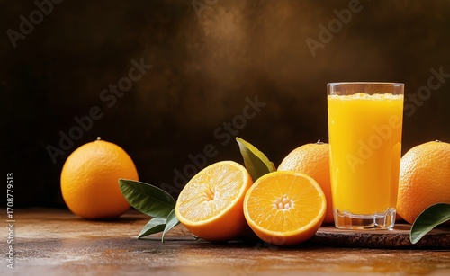 Freshly Squeezed Orange Juice With Whole and Sliced Oranges on a Wooden Table.