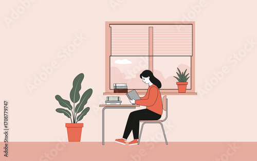 Minimalist flat vector illustration of a young woman sitting at a desk reading a book near a window with indoor plants. Perfect for online learning, education blogs, and self-study concepts.