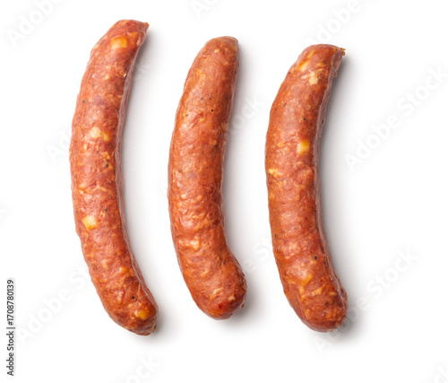 Smoked sausages isolated on white background.