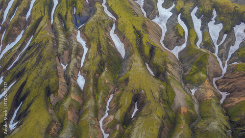 Top down aerial of Icelandic highlands showing striped mountains with brown rock green moss and white snow fields